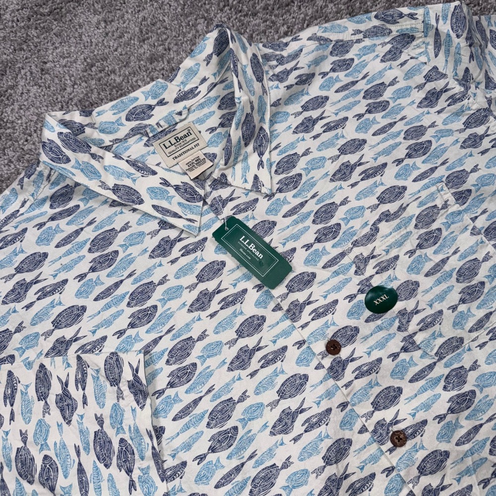LL Bean Tropics Shirt Mens Traditional Fit Fish Print Silver Birch XXXL NEW
